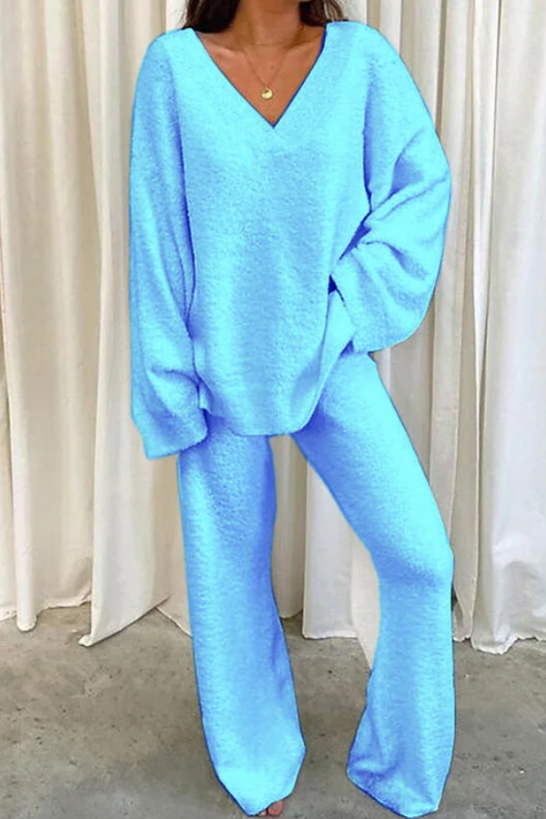 Comfortable Color V-neck Daily Two-piece Set