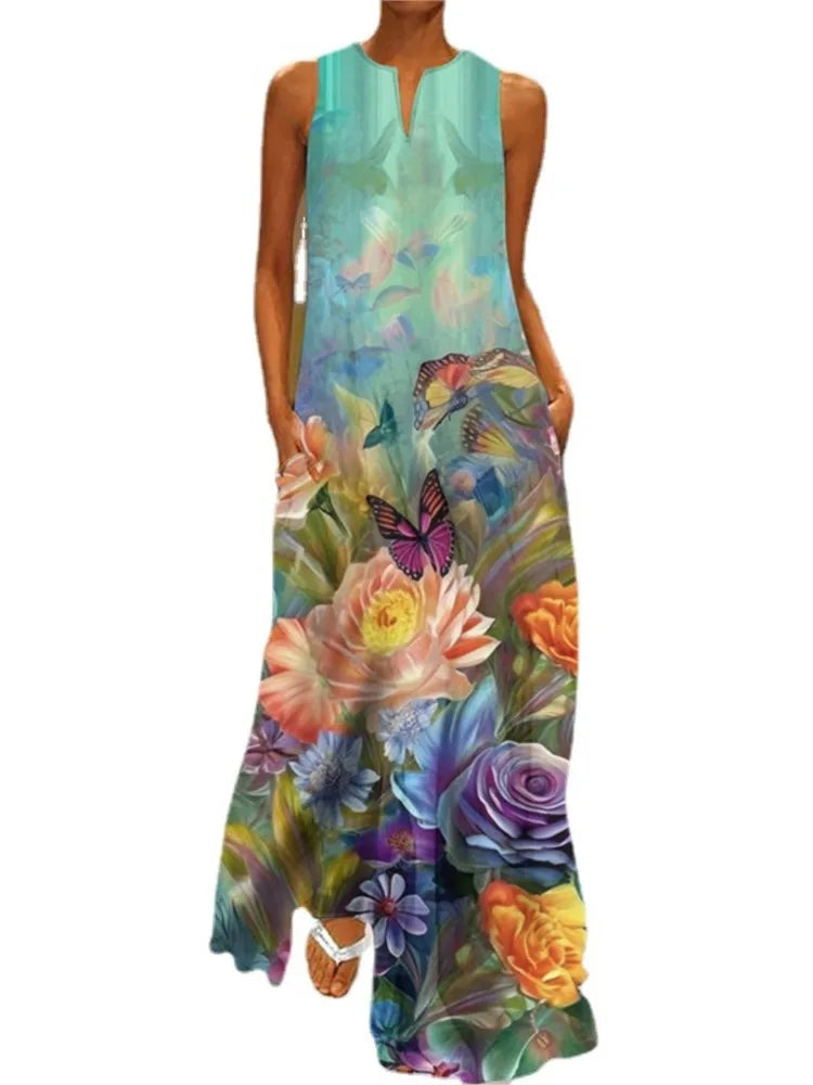 Summer New Flower Printed Long Dresses V-neck Loose Sleeveless Dress Commuting Vestidos Female
