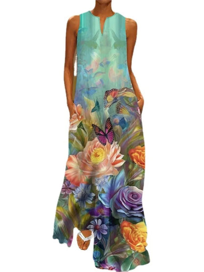 Summer New Flower Printed Long Dresses V-neck Loose Sleeveless Dress Commuting Vestidos Female