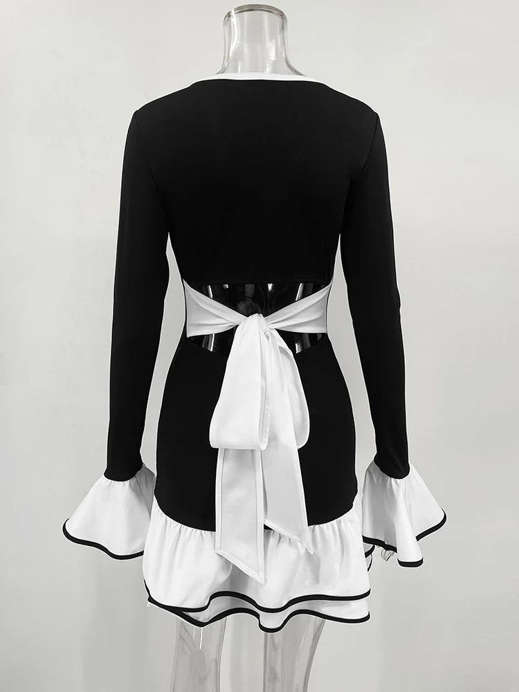 Ruffled Backless Tee Bow Mini Dress Female Slim High Waist Party Dress Commute Clothes Autumn Dress