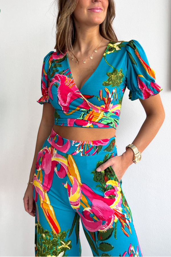 Print V Neck Short Sleeves Crop Top Elastic Waist Wide Leg Pants Set