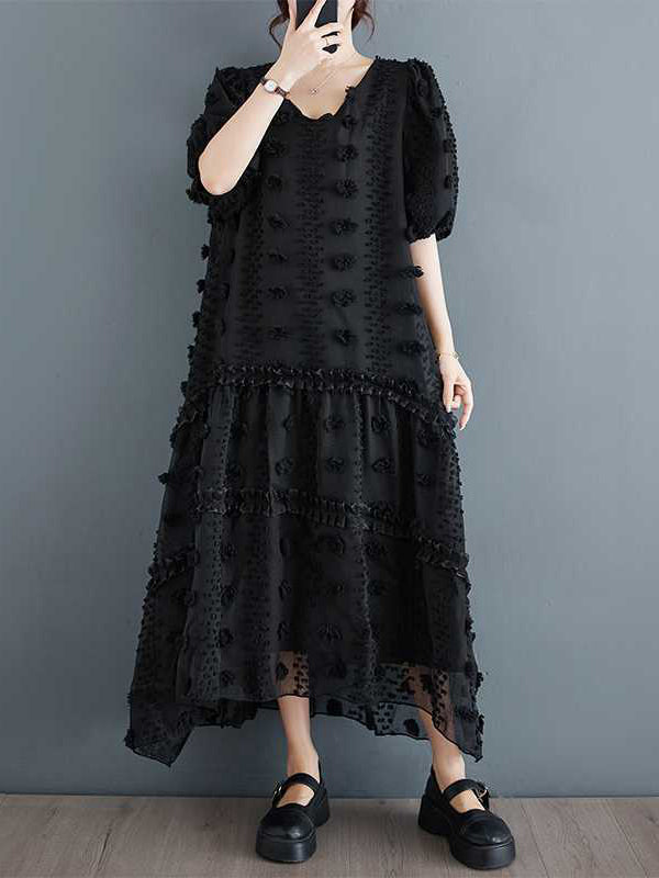 A-line Half Sleeves Elasticity Jacquard Color Split-joint V-neck Midi Dresses