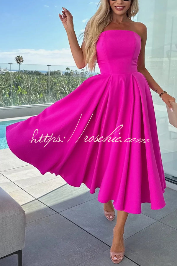 Sweet Cascade Color Off Shoulder Pocket Full Hem Midi Dress