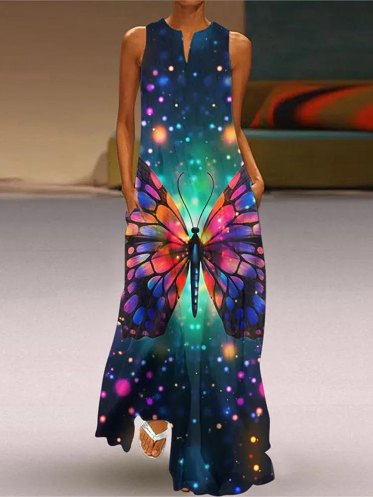 Summer New Flower Printed Long Dresses V-neck Loose Sleeveless Dress Commuting Vestidos Female