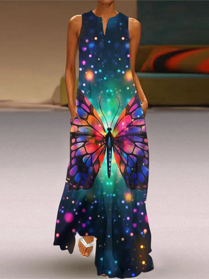Summer New Flower Printed Long Dresses V-neck Loose Sleeveless Dress Commuting Vestidos Female