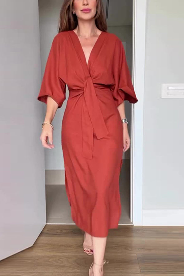 Color V-neck Half-sleeve Waist-tied Midi Dress
