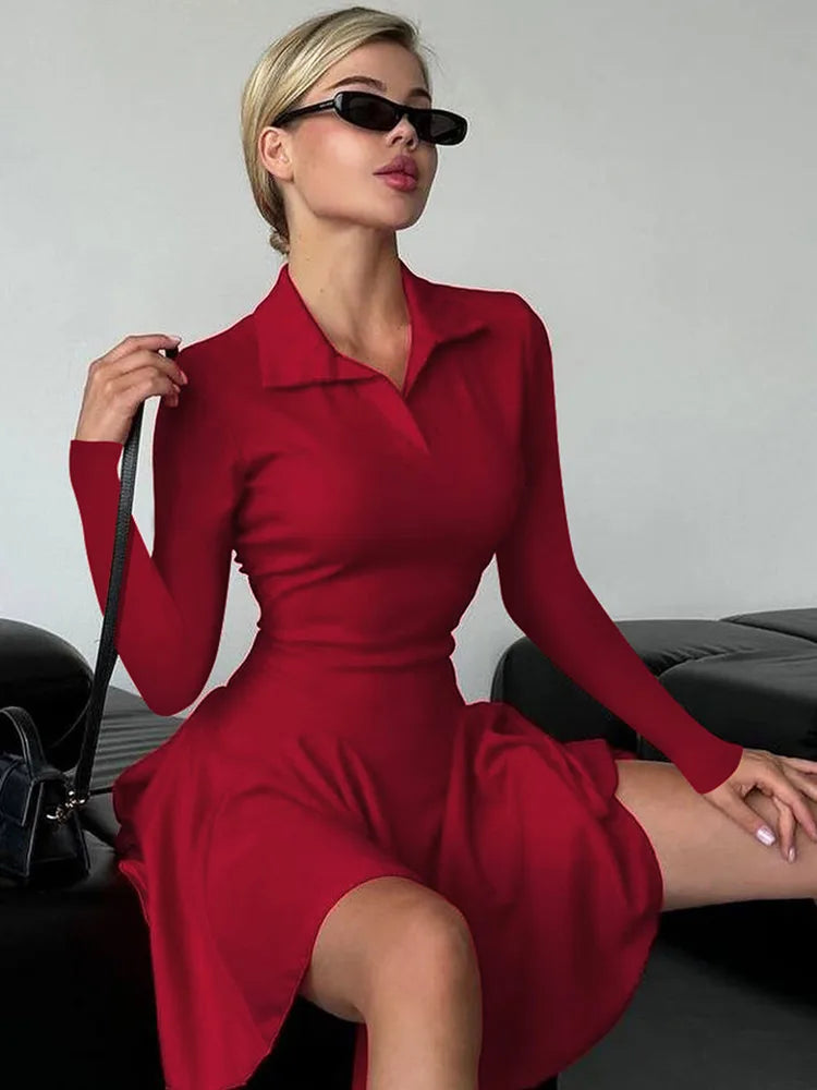 Long Sleeve Pleated Knit Mini Dress for Robe Autumn Winter New Lapel High Waist Knitted Sweater Dress