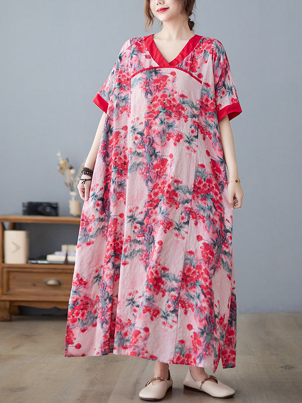Loose Artistic Retro Printed Split-joint V-neck Midi Dress