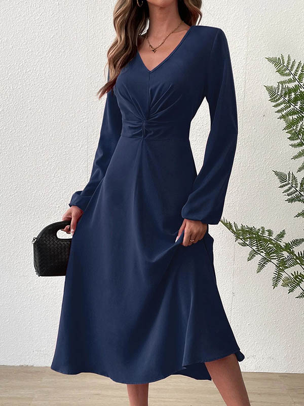 A-line High Waisted Pleated Color Zipper V-neck Midi Dresses