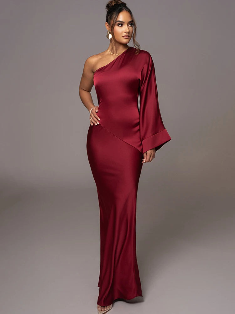 - Long Sleeved Party Evening Dress for , Flared Sleeves, Single Shoulder Bodycon, Maxi Dress, Backless Gown