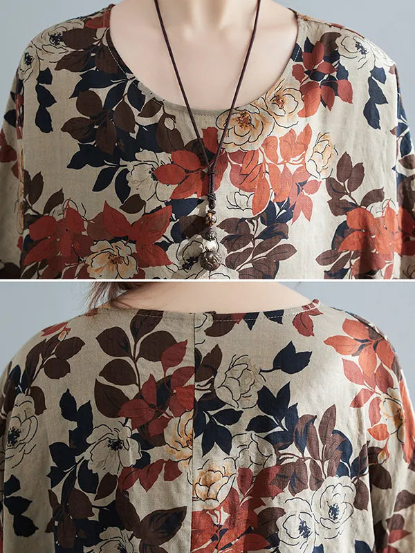 Loose Puff Sleeves Printed Round-neck Midi Dresses