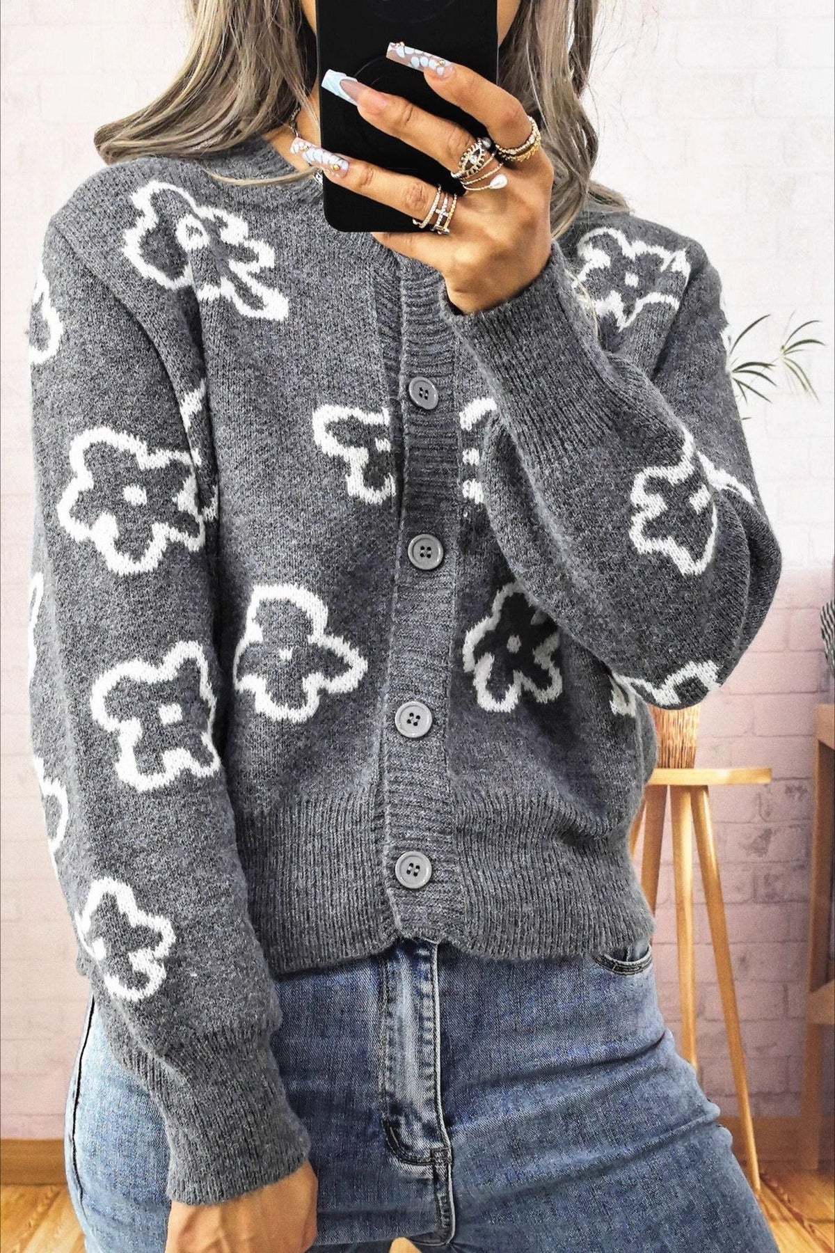 Jacquard Short Single-row Button Knit Cardigan