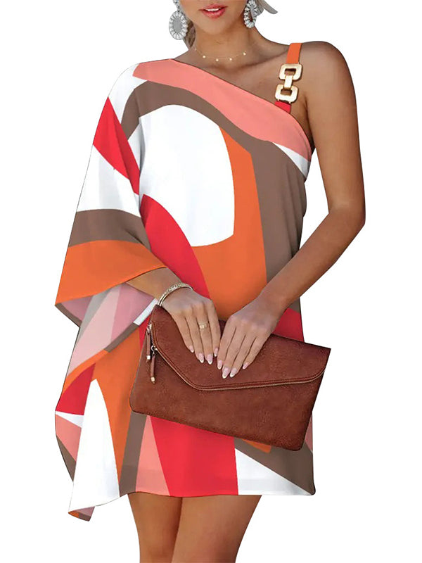 Original Loose Contrast Color Printed One-shoulder Mini Dresses