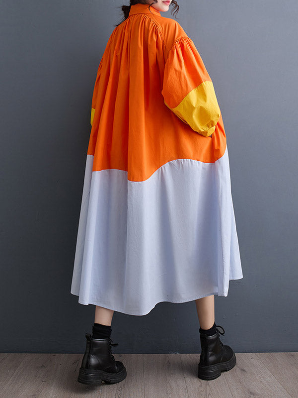 Loose Puff Sleeves Contrast Color Pleated Split-joint Lapel Midi Dresses Shirt Dress