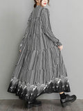 Loose Striped Buttoned Stand Collar Long Sleeves Midi Dress