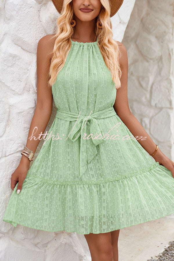 Simple Color Jacquard Patchwork Lace Up Drawstring Mini Dress