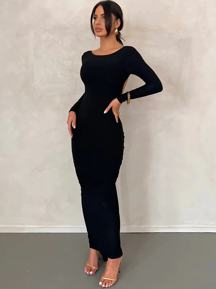 Backless Ruched Maxi Dress White Long Sleeve Evening Dresses Female Autumn Skinny Party Clubwear