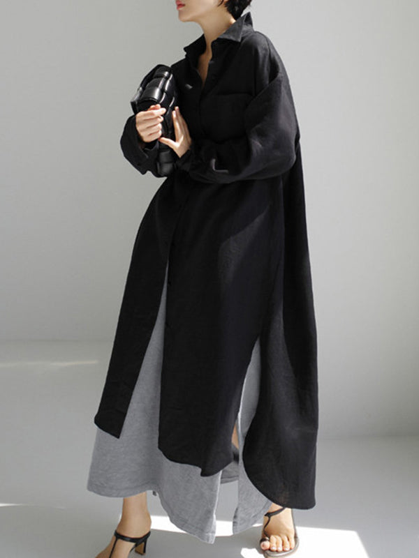 Simple Long Sleeves Split-side Color Lapel Midi Dresses Shirt Dress