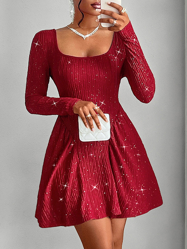A-line Long Sleeves Backless Pleated Shiny Color U-neck Mini Dresses