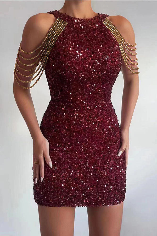 Looking at the Glamorous View Sequin Tassel Shoulder Cocktail Mini Dress