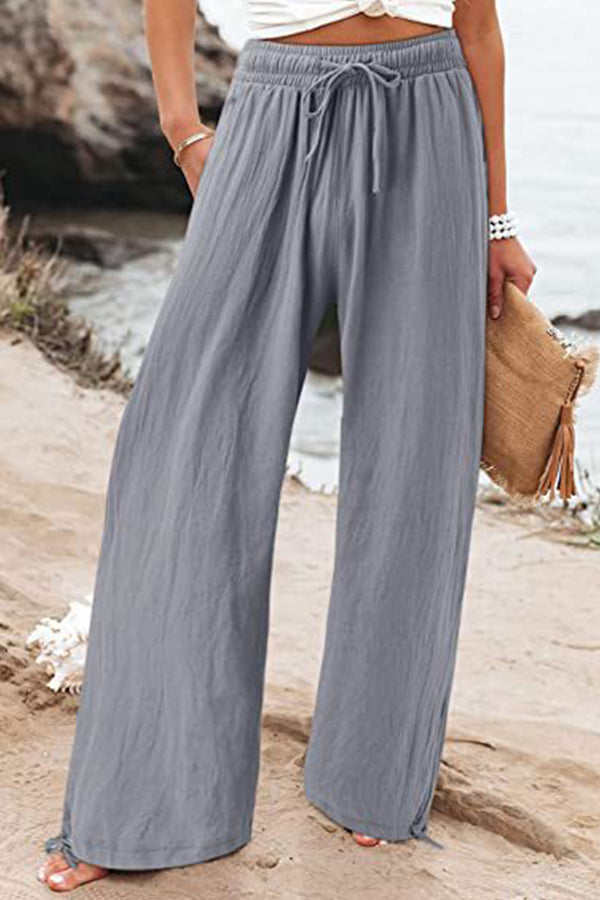 Cotton Linen Wide-leg Drawstring Beach Pants Pants