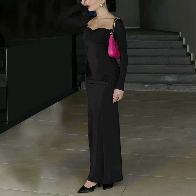 Long Sleeve Party Dresses High Waist Slim Fit ’s Evening Dress Color Pleated Long Dresses