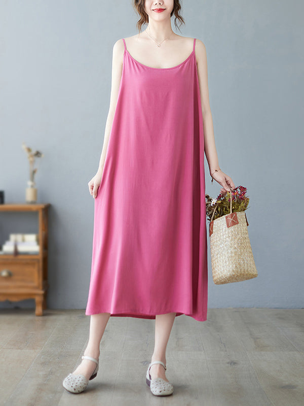Loose Sleeveless Color Spaghetti-neck Midi Dresses