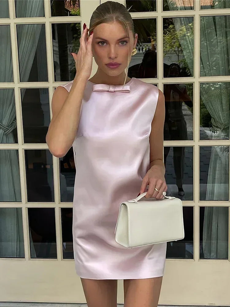 Satin Mini Dress for Backless Bow Clothes Sleeveless Tank Dresses Femme Party Evening Dress Woman
