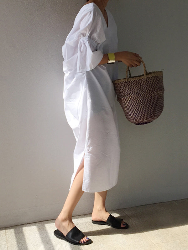 Half Sleeves Loose Pleated Color V-neck Midi Dresses