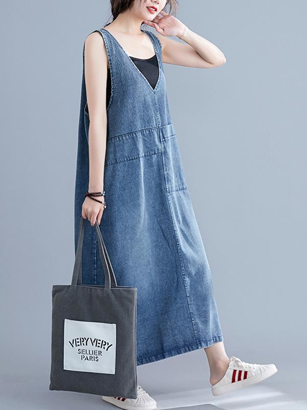 Loose Sleeveless Denim V-neck Midi Dress