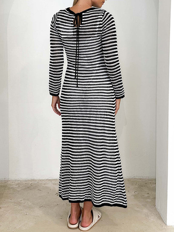 High Waisted Long Sleeves Contrast Color Striped Tied Round-neck Midi Dresses Sweater Dresses