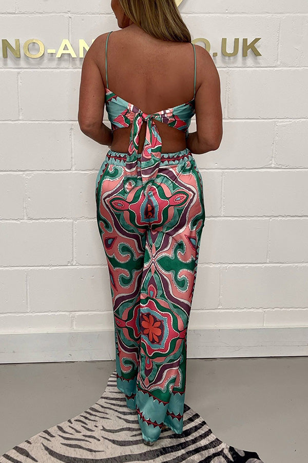 Print Suspenders Open Back Tie Top + Straight Pants Set