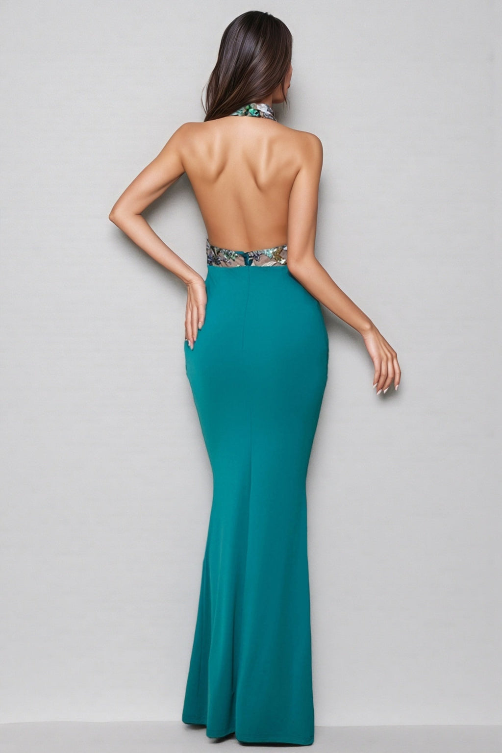 Jessas Green Neck Sequin Maxi Dress