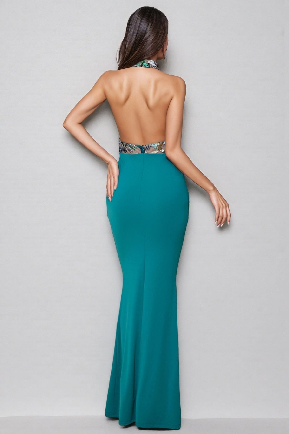 Jessas Green Neck Sequin Maxi Dress
