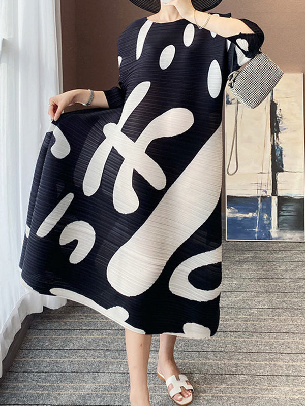 Loose Three-quarter Sleeves Pleated Printed Round-neck Midi Dresses