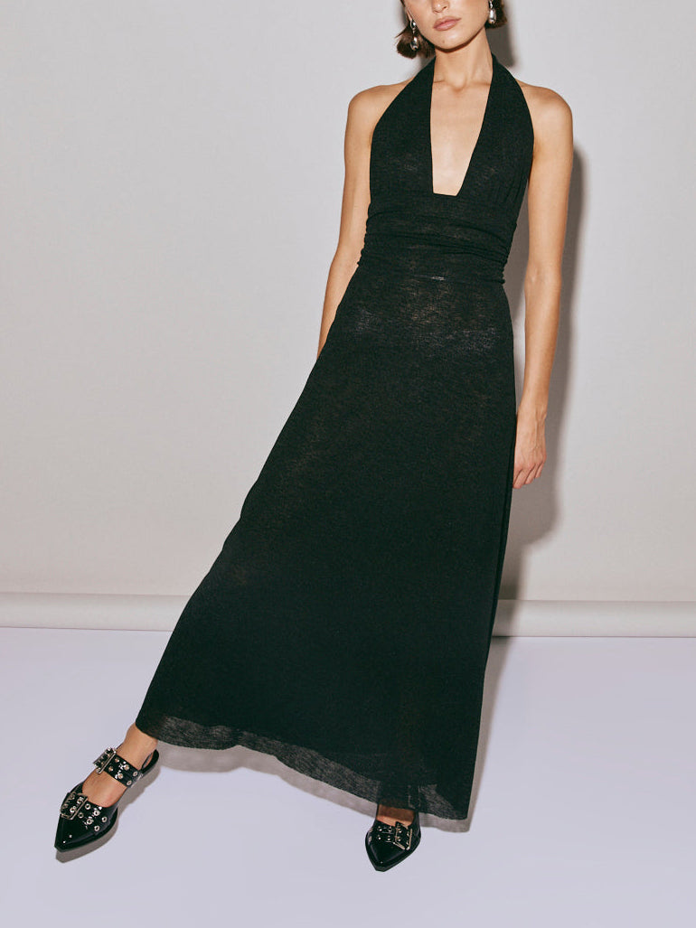 Halter Neck Deep V-neck Slim Fit Pleated Backless Midi Dress