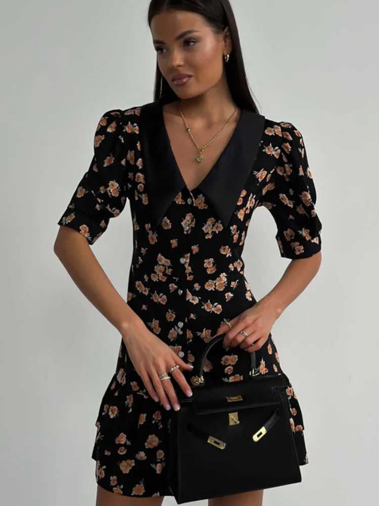 Short Sleeve Mini Dress for Robe Turn-down Collar French Dress High Waist Dresses