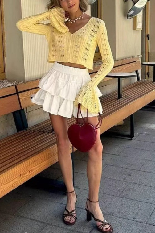 Cutout V-neck Short Long-sleeve Knit Cardigan