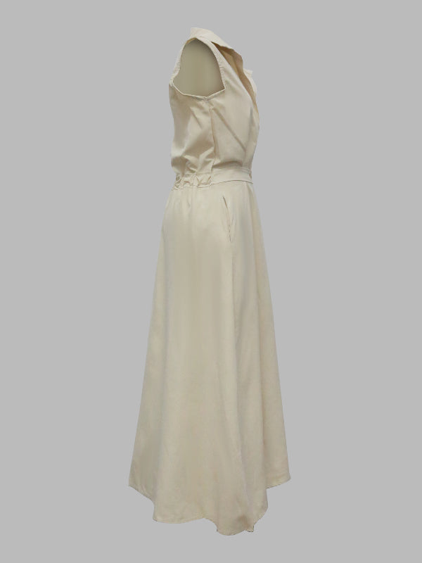 Sleeveless Color Lapel Midi Dresses