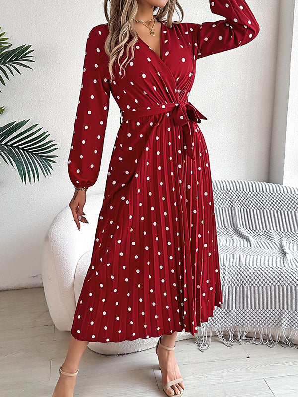 A-line High Waisted Elasticity Pleated Polka-dot Split-joint Tied Waist V-neck Midi Dresses Shirt Dress