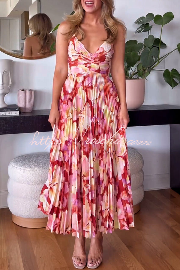 Wedding Party Season Print Pleated Back Tie-up Midi Dress