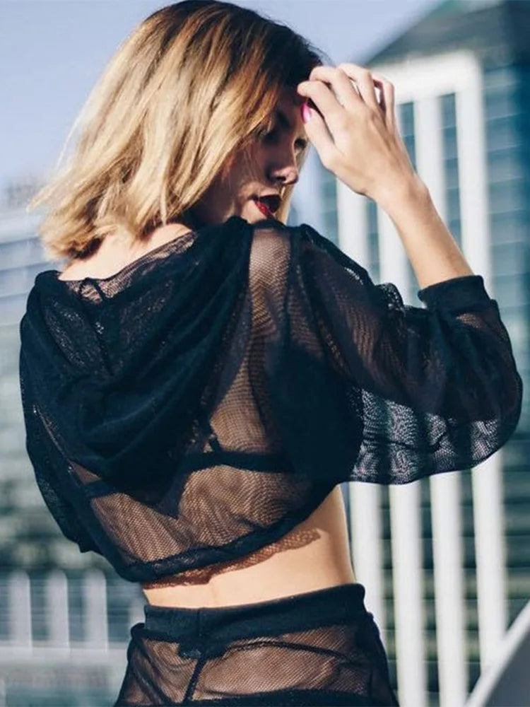 Hollow Mesh Net Hooded T-shirt Short Sleeve Tee Tops Transparent Black Swxy Clubwear Party