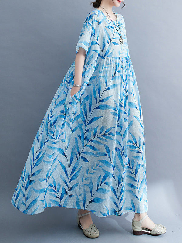 Loose Short Sleeves Leaf Pleated Printed Split-joint Round-neck Midi Dresses