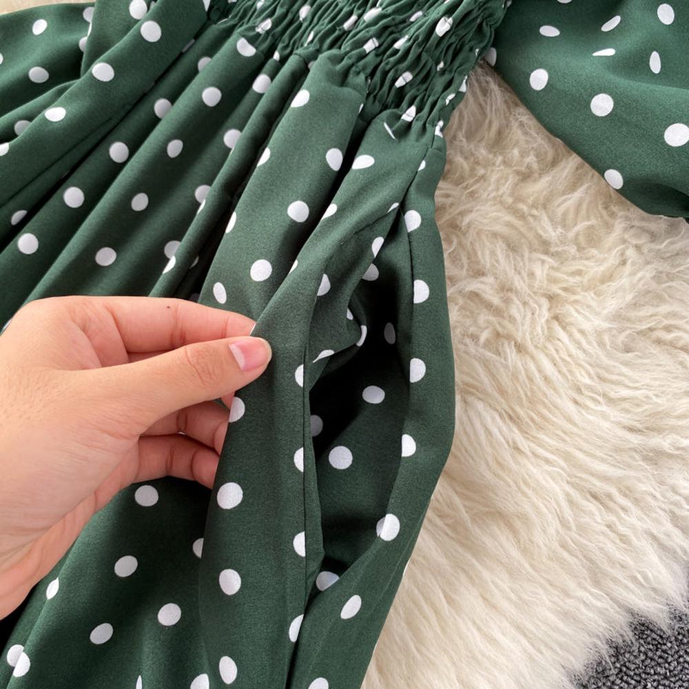 Stylish Army Green V-neck Polka Dot Puff Sleeve Wide Leg Jumpsuit