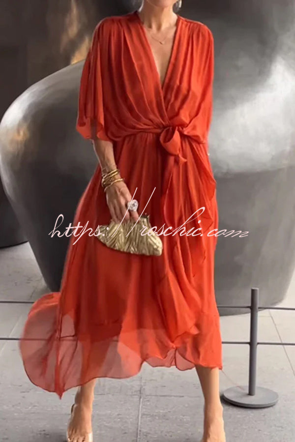 Color V-neck Bat Sleeve Lace-up Irregular Hem Midi Dress