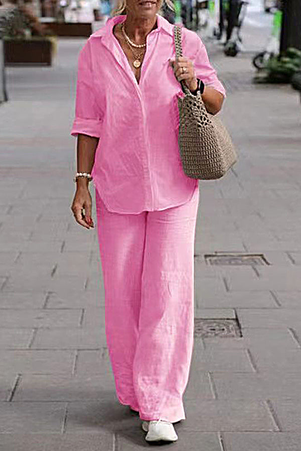 Two Piece Set Lapel Long-sleeved Shirt Color Wide-leg Pants Suit