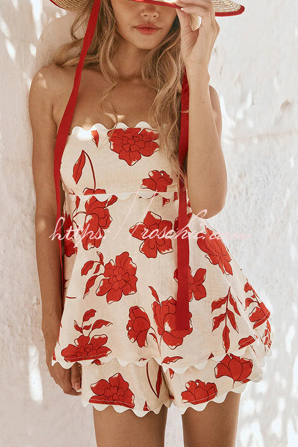 Rosella Linen Blend Wave Trim Tube Top and Elastic Waist Loose Shorts Set