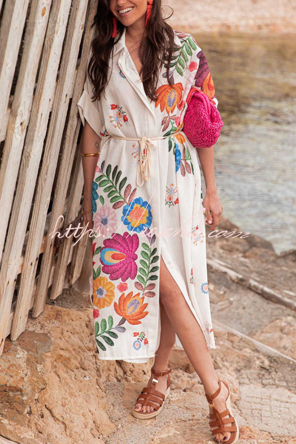 Plant Print Lapel Short Sleeve Waist Tie Loose Vacation Midi Dress