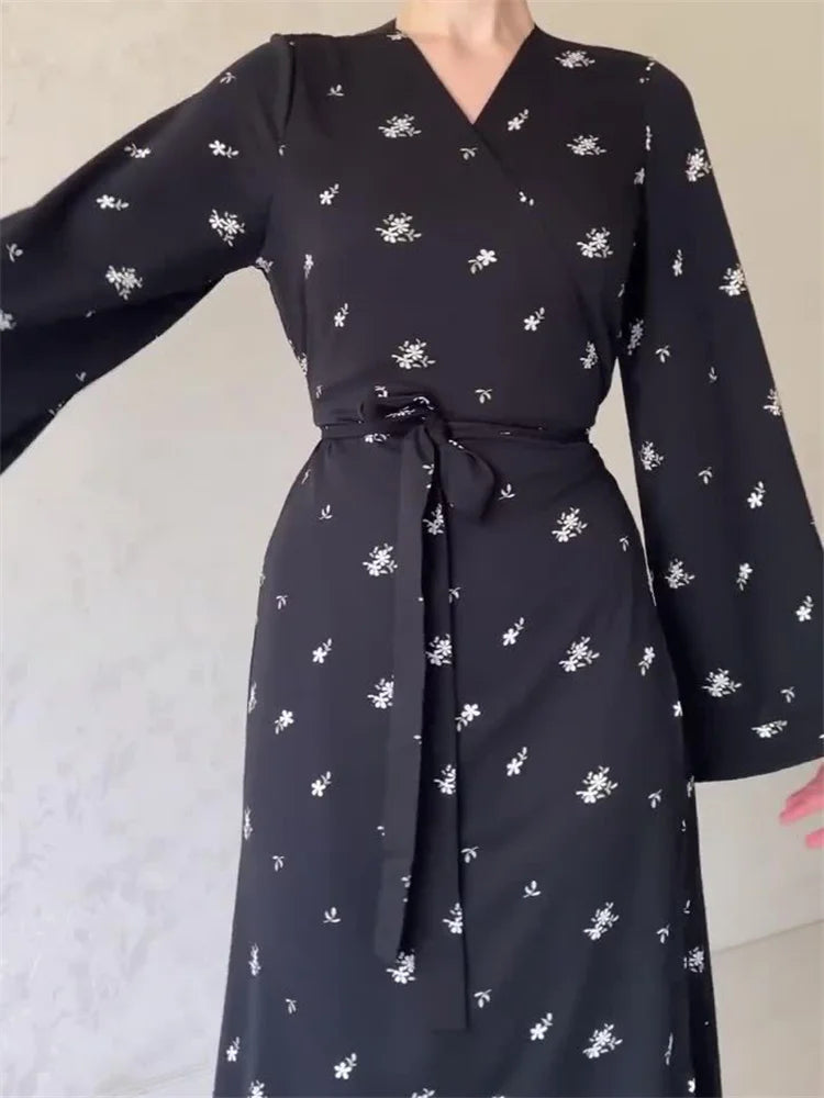 Printed Bandage Maxi Dress for V-neck Patchwork High Waist Lace-up Party Looks Long Dress New