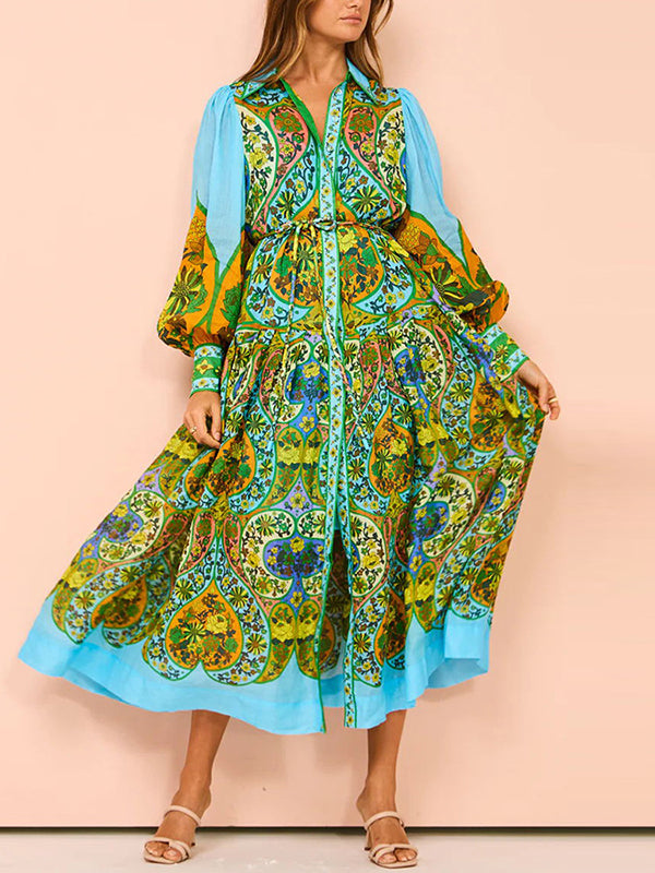High Waisted Loose Puff Sleeves Belted Printed Lapel Midi Dresses
